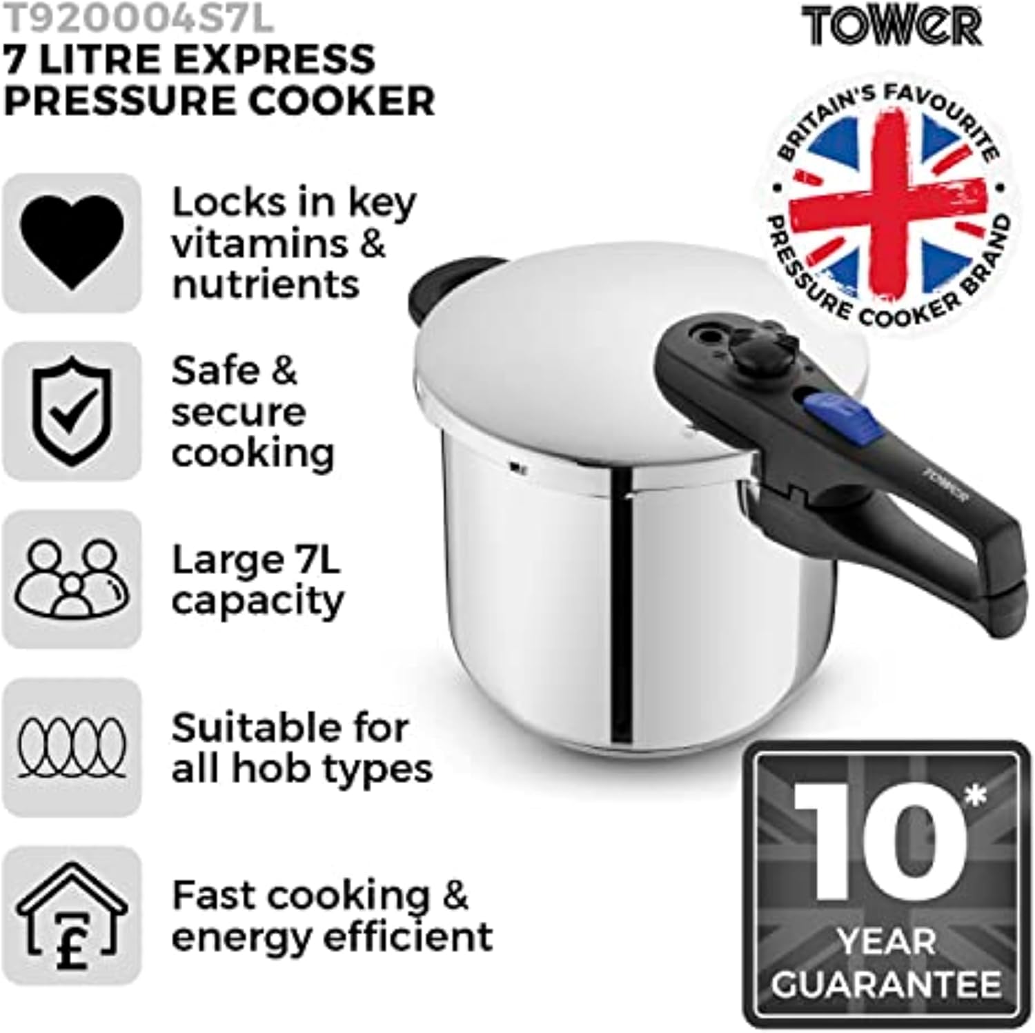 T80244 6L/22cm Pressure Cooker with Steamer Basket, Stainless Steel, Silver
