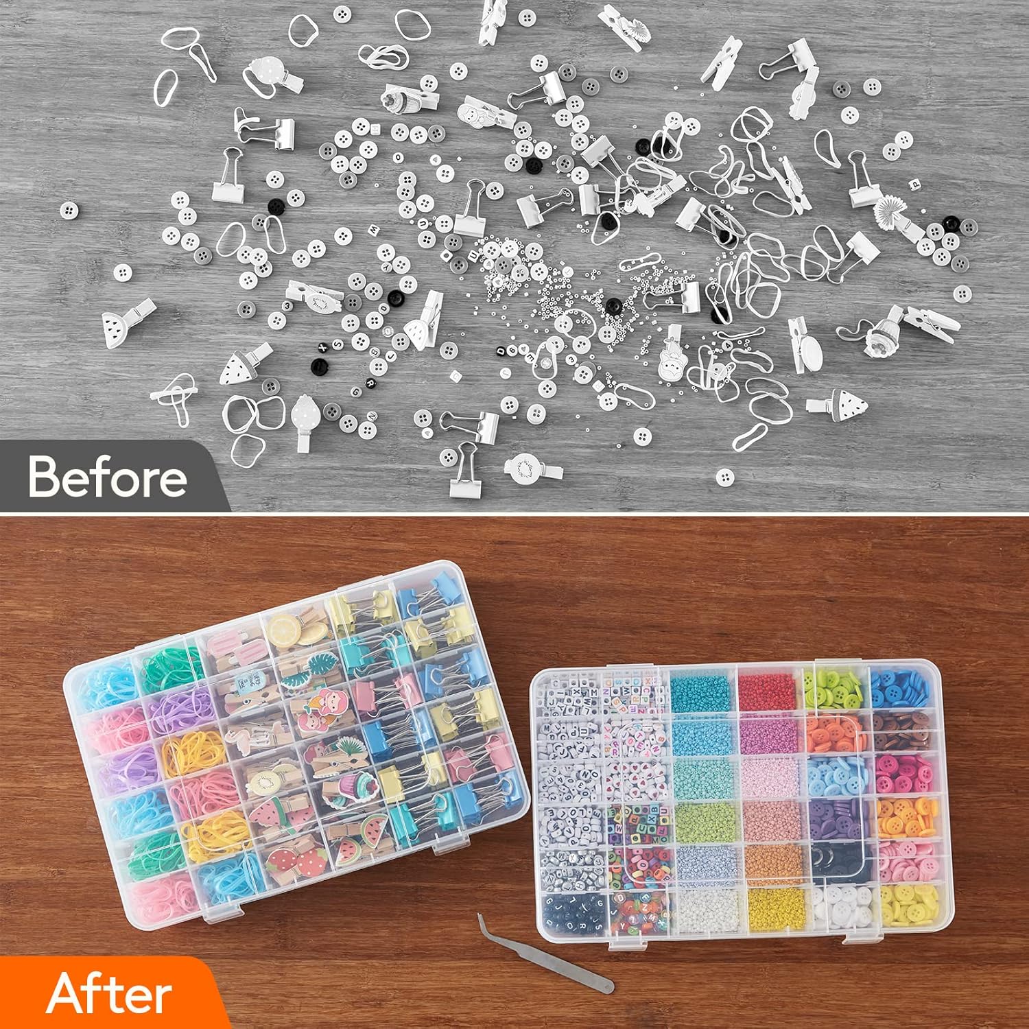 2 Pack 36 Grids Organiser Storage Box, Fishing Tackle Box, Clear Stackable Plastic Container with Adjustable Dividers for Beads, Art DIY, Crafts, Jewelry, with 5 Sheet Label Stickers