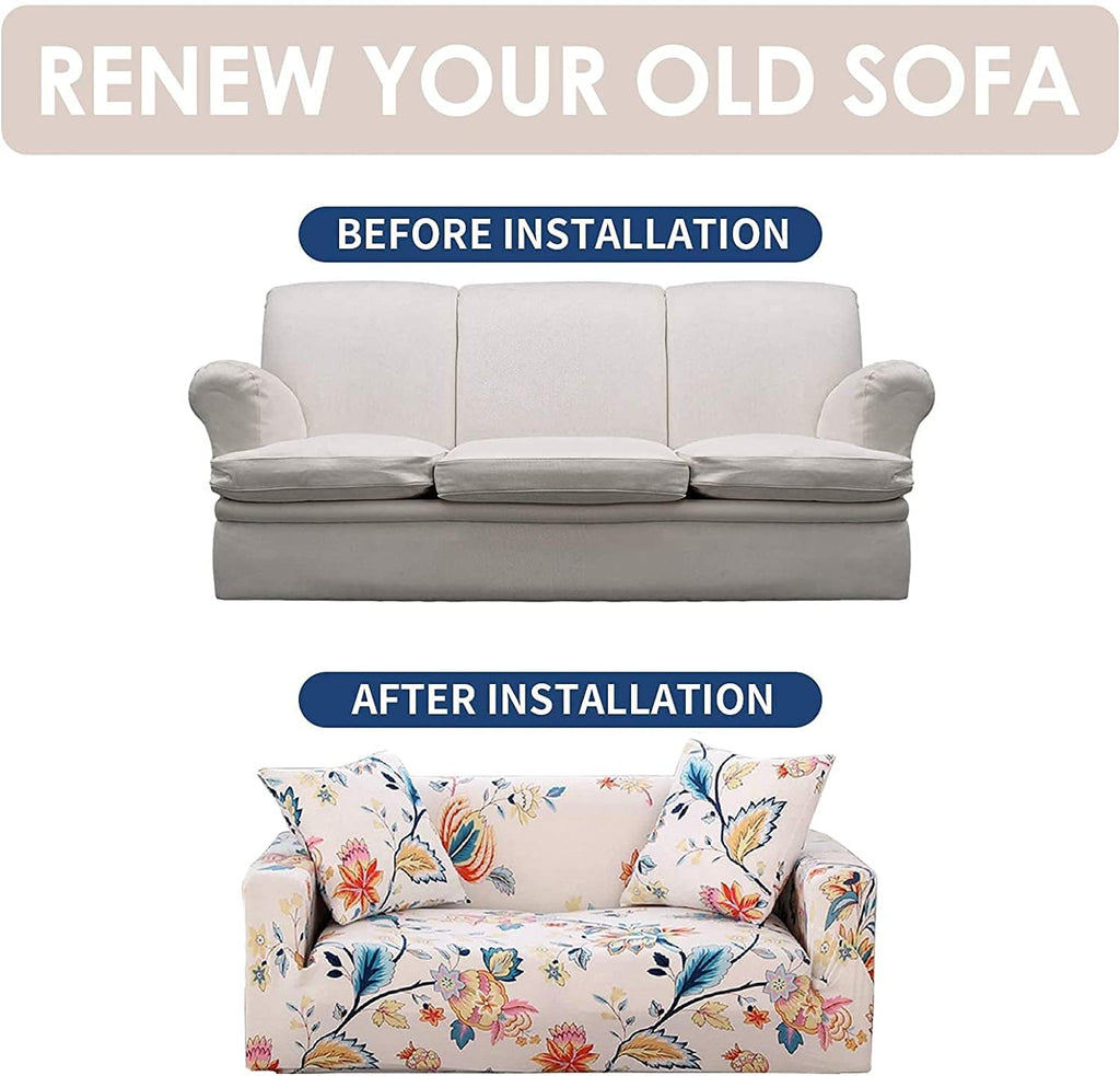 Stretch Sofa Coves, Polyester Spandex Printed Elastic Couch Sofa Slipcovers, 4 Seater Furniture Protector Covers, 88-114" Long with Anti-Slip Foam (DreamFlower)
