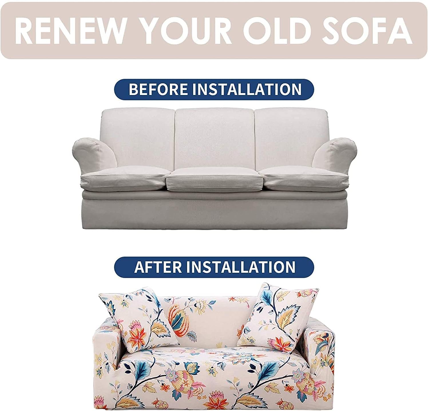 Stretch Sofa Coves, Polyester Spandex Printed Elastic Couch Sofa Slipcovers, 4 Seater Furniture Protector Covers, 88-114" Long with Anti-Slip Foam (DreamFlower)