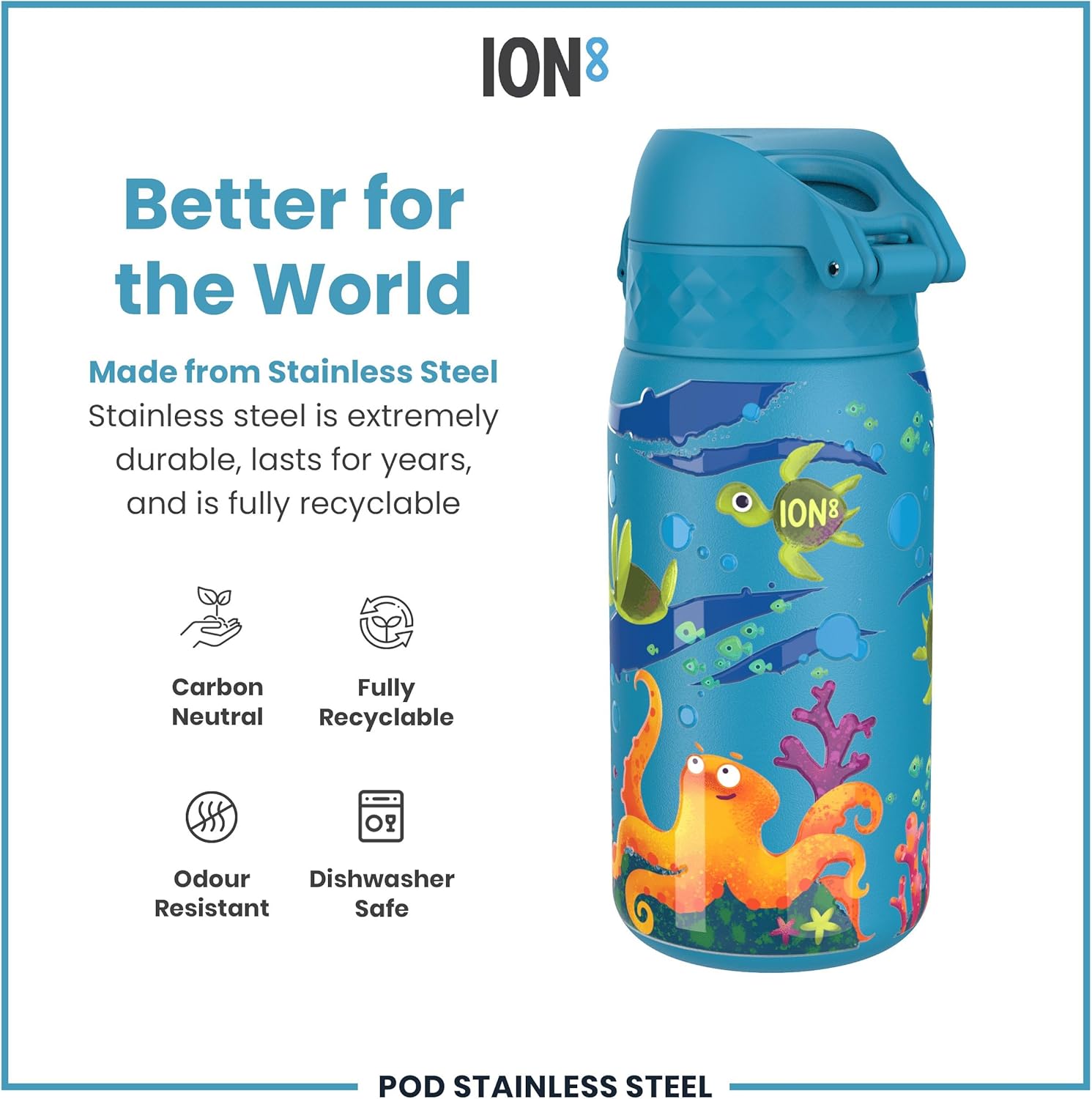Small Water Bottle, Leak Proof, Easy to Open, Secure Lock, Dishwasher Safe, Flip Cover, Carry Handle, Easy Clean, Durable, Water Bottle, Raised Print, Blue, Sea Turtle