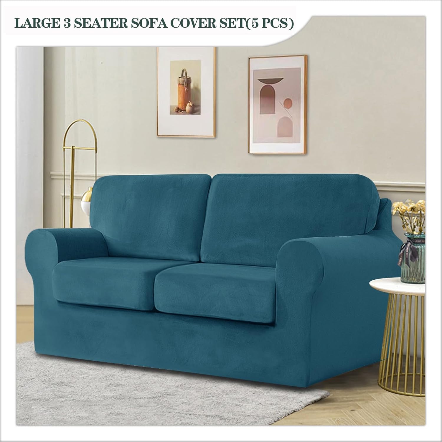 Sofa Cover with Separate Seat Cushions and Backrests Stretch Velvet Sofa Slipcover Couch Covers Furniture Protector Split Combined (Dark teal,Large 3-Seat Set 5 PCS)