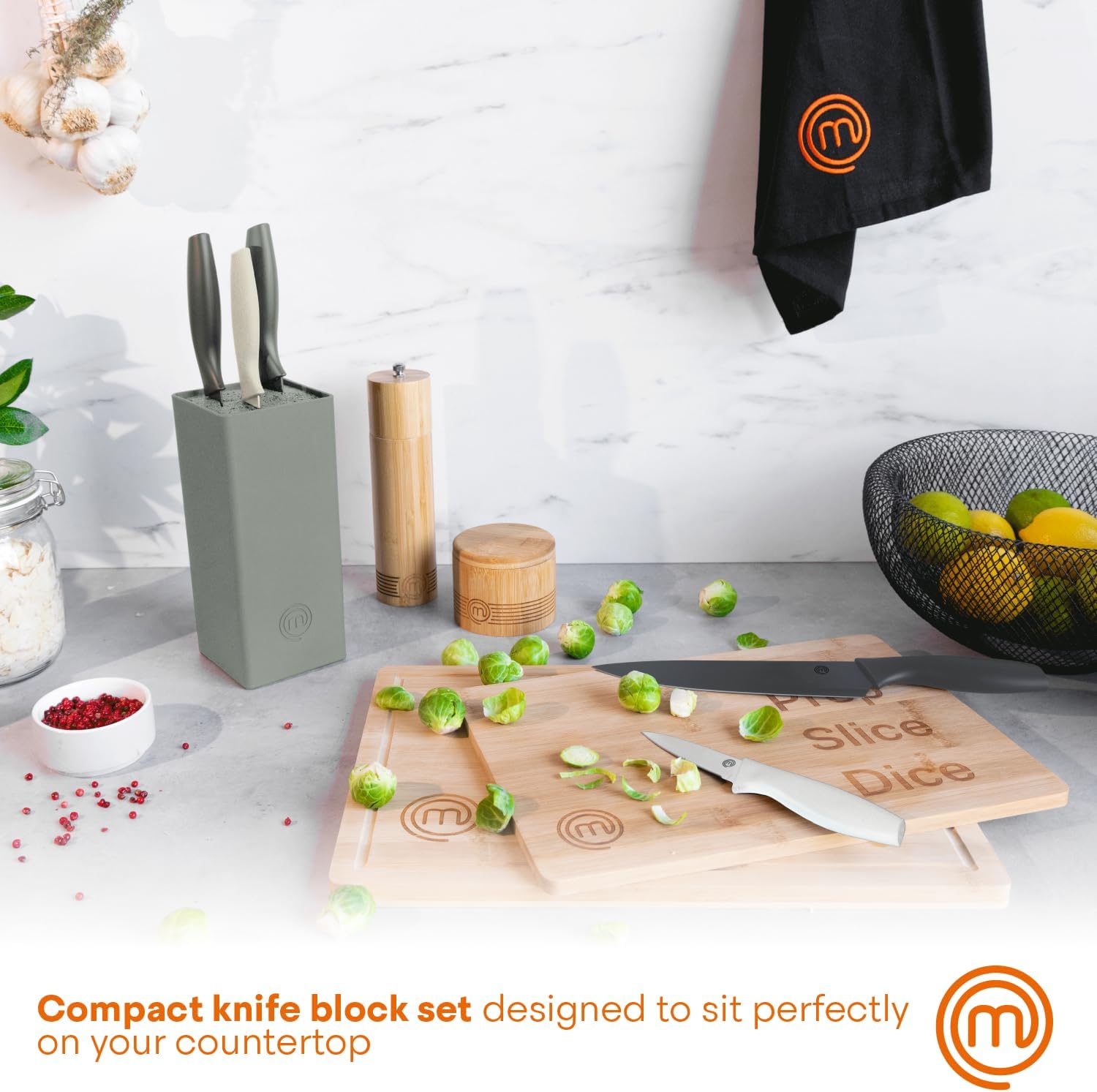 Knife Set with Block, 5 Kitchen Knives with Sharp Stainless Steel Blades (Chef, Paring, Utility, Carving, Bread) Soft Touch Easy Grip Handles & Universal Knife Holder, Earth Greys