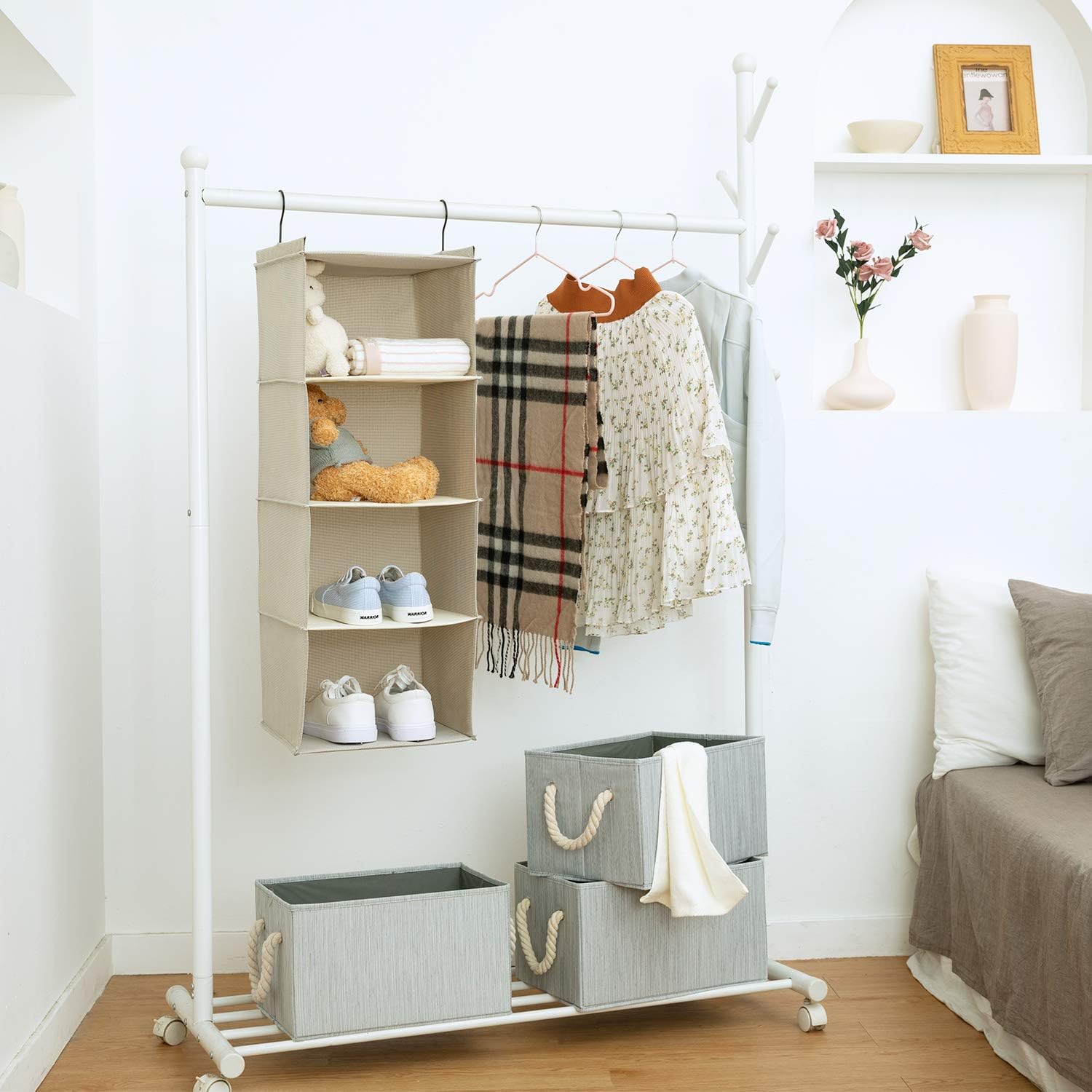Hanging Closet Organizer for Clothes Sweaters Advanced cloth 4 shelves Hanging Wardrobe Storage Shelves, Beige Check Washable(31.5 * 12 * 12 inch) Secondary image