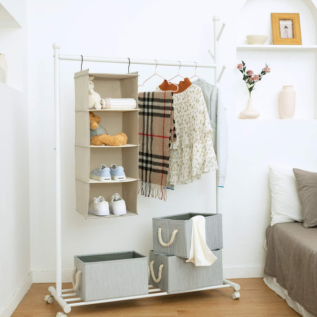 Hanging Closet Organizer for Clothes Sweaters Advanced cloth 4 shelves Hanging Wardrobe Storage Shelves, Beige Check Washable(31.5 * 12 * 12 inch)