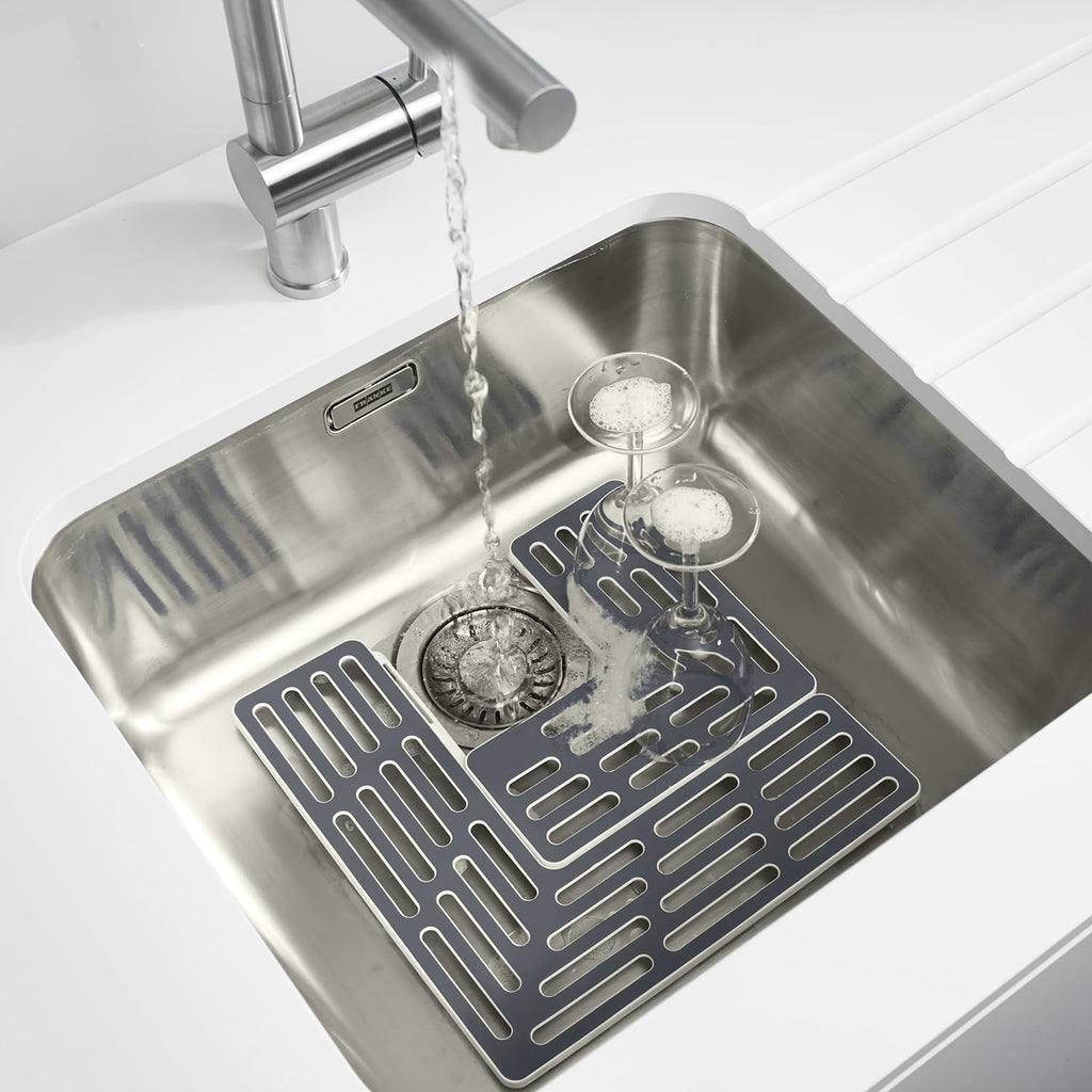 Sink Saver- 2 piece Adjustable Kitchen Sink Protector Mat with non slip feet, Grey