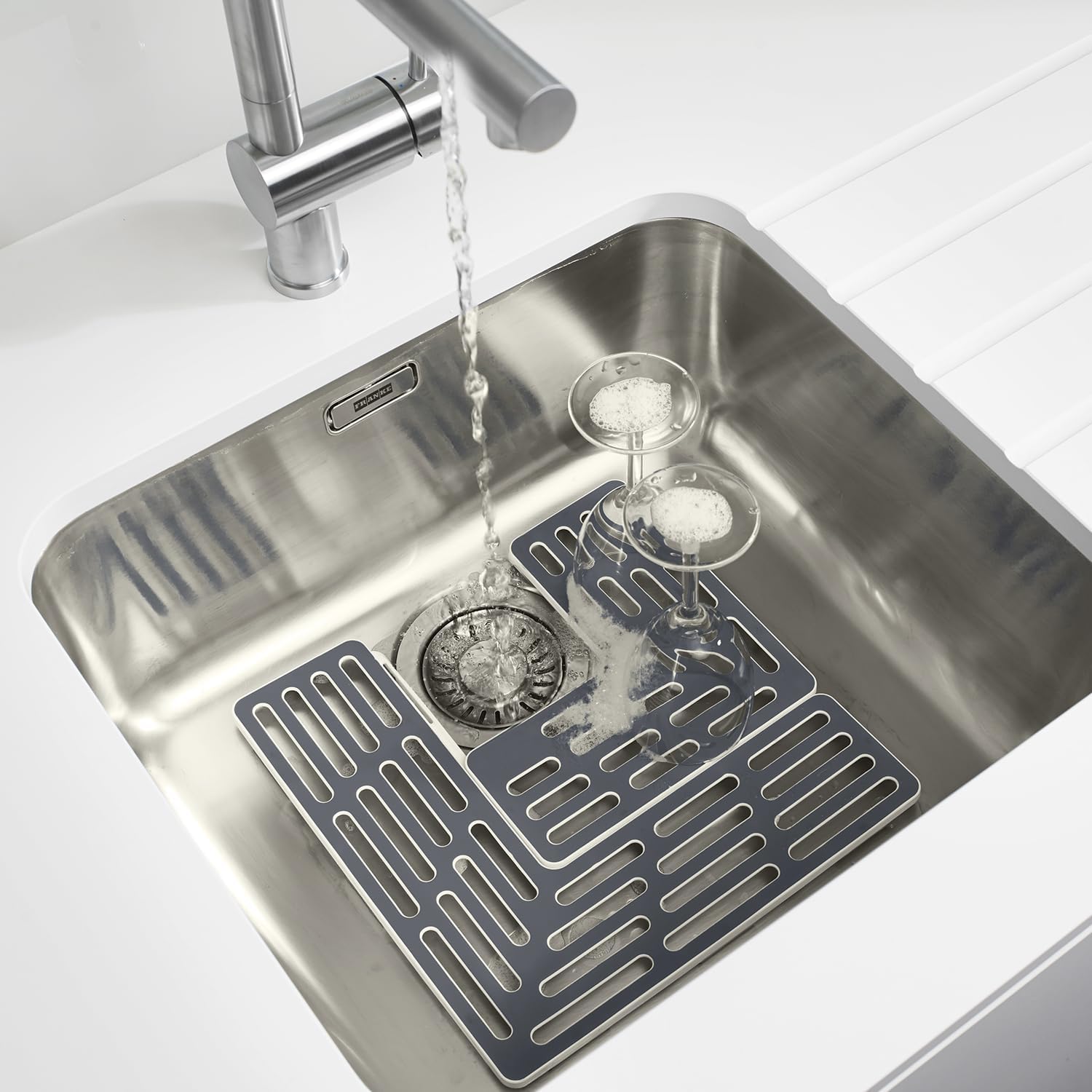 Sink Saver- 2 piece Adjustable Kitchen Sink Protector Mat with non slip feet, Grey