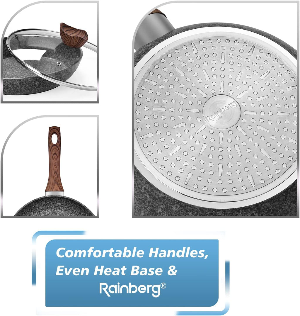 24CM Frying Pan with Lid, Granite Nonstick Frying Pans with Lid, Stone Frying Pan, Induction Compatible (24CM)