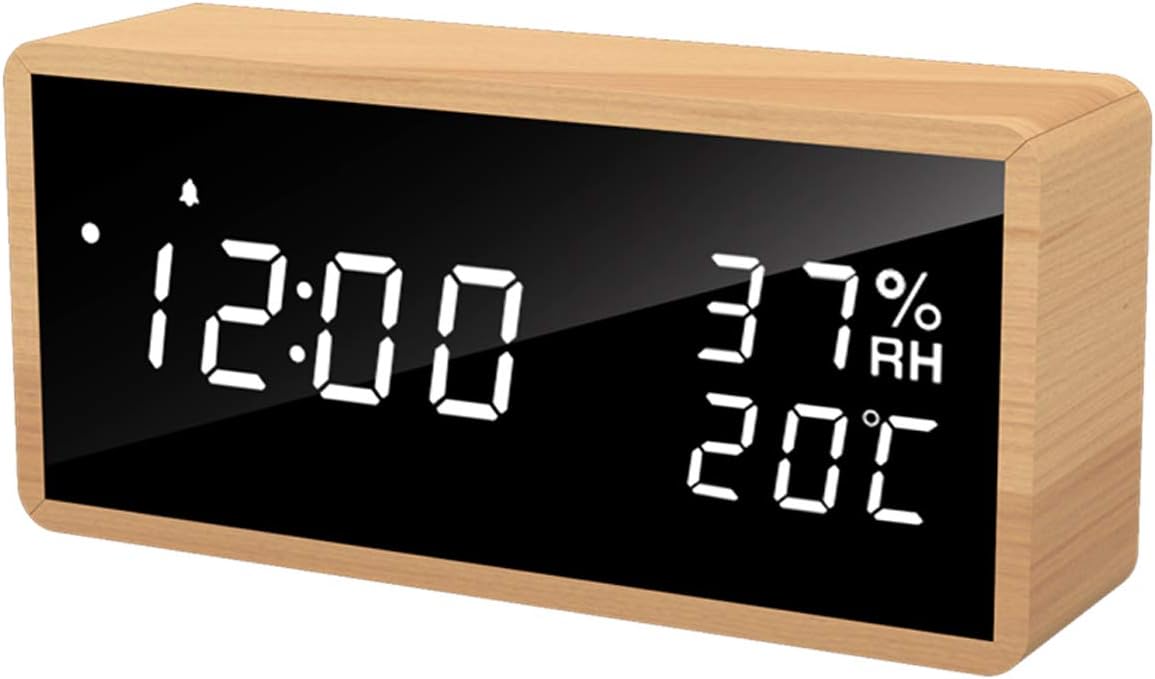 Alarm Clock Bedside, Wooden Digital Alarm Clocks Non Ticking, Adjustable Brightness & USB Charging for Bedside, Desk, Shelf