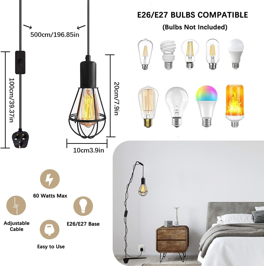 Vintage Suspended Pendant Light Ceiling Lighting Fitting, E27 Lamp Holder with 6M Plug and Switch, Industrial Plug in Ceiling Lights, Retro Cage Hanging Lights Plug in Pendant Lights for Loft