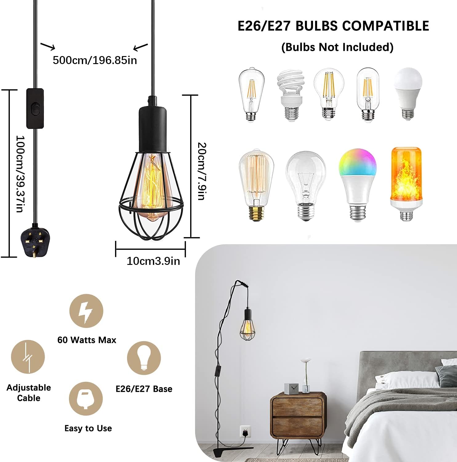 Vintage Suspended Pendant Light Ceiling Lighting Fitting, E27 Lamp Holder with 6M Plug and Switch, Industrial Plug in Ceiling Lights, Retro Cage Hanging Lights Plug in Pendant Lights for Loft