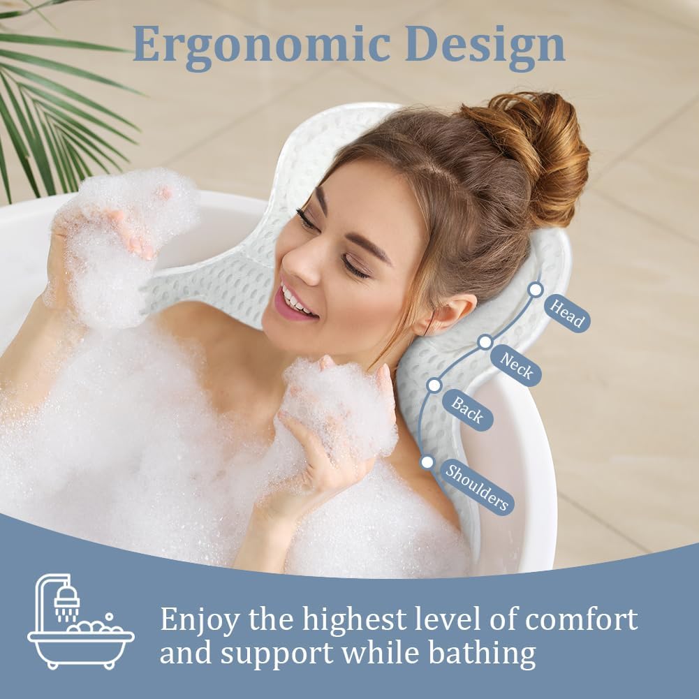 Bath Pillow, 4D Luxury Bath Bathtub Pillow for Head, Neck, Shoulder and Back Support, Ergonomic Breathable Mesh SPA Tub Pillow with 6 Powerful Suction Cups, Fits all Bathtub