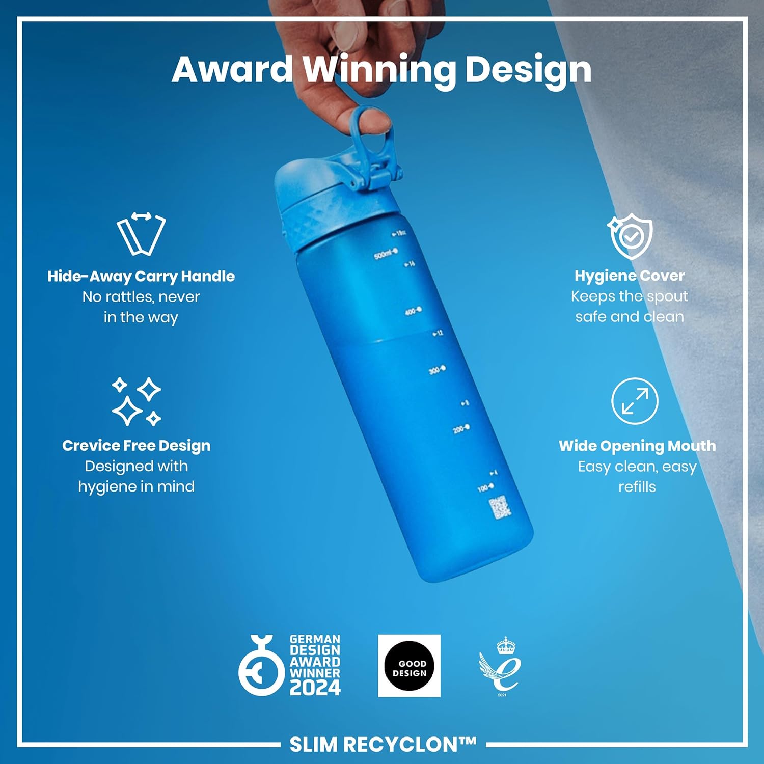 Water Bottle, 500 ml/18 oz, Leak Proof, Easy to Open, Secure Lock, Dishwasher Safe, BPA Free, Hygienic Flip Cover, Carry Handle, Fits Cup Holders, Easy Clean, Carbon Neutral, Blue