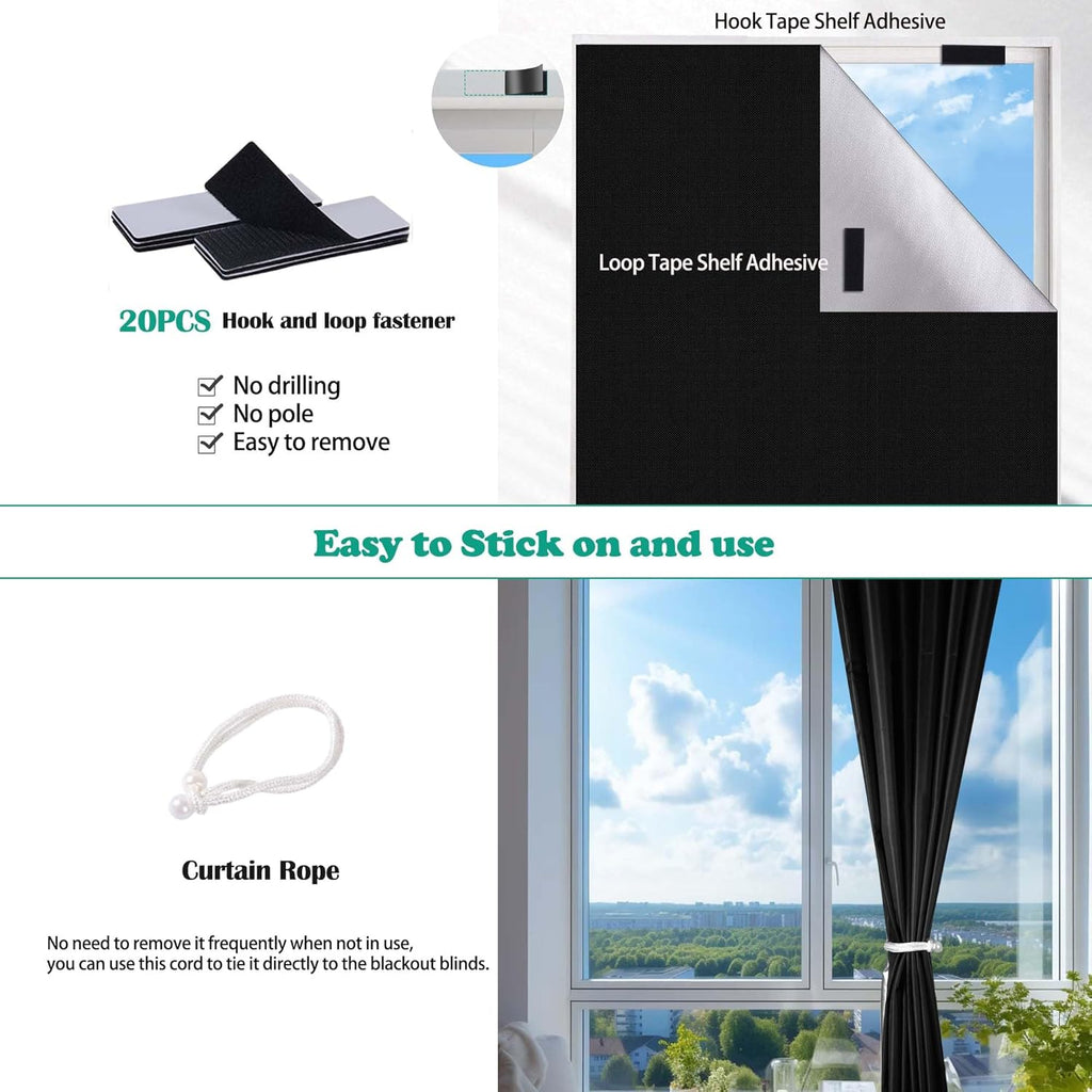 100% Blackout Blind,200 x 145 CM Stick on Blackout Blinds for Windows,No Drill Portable Temporary Fits Any Size Blackout Blinds with 20PCS Hook and Loop Tapes for Bedroom Loft Car Travel
