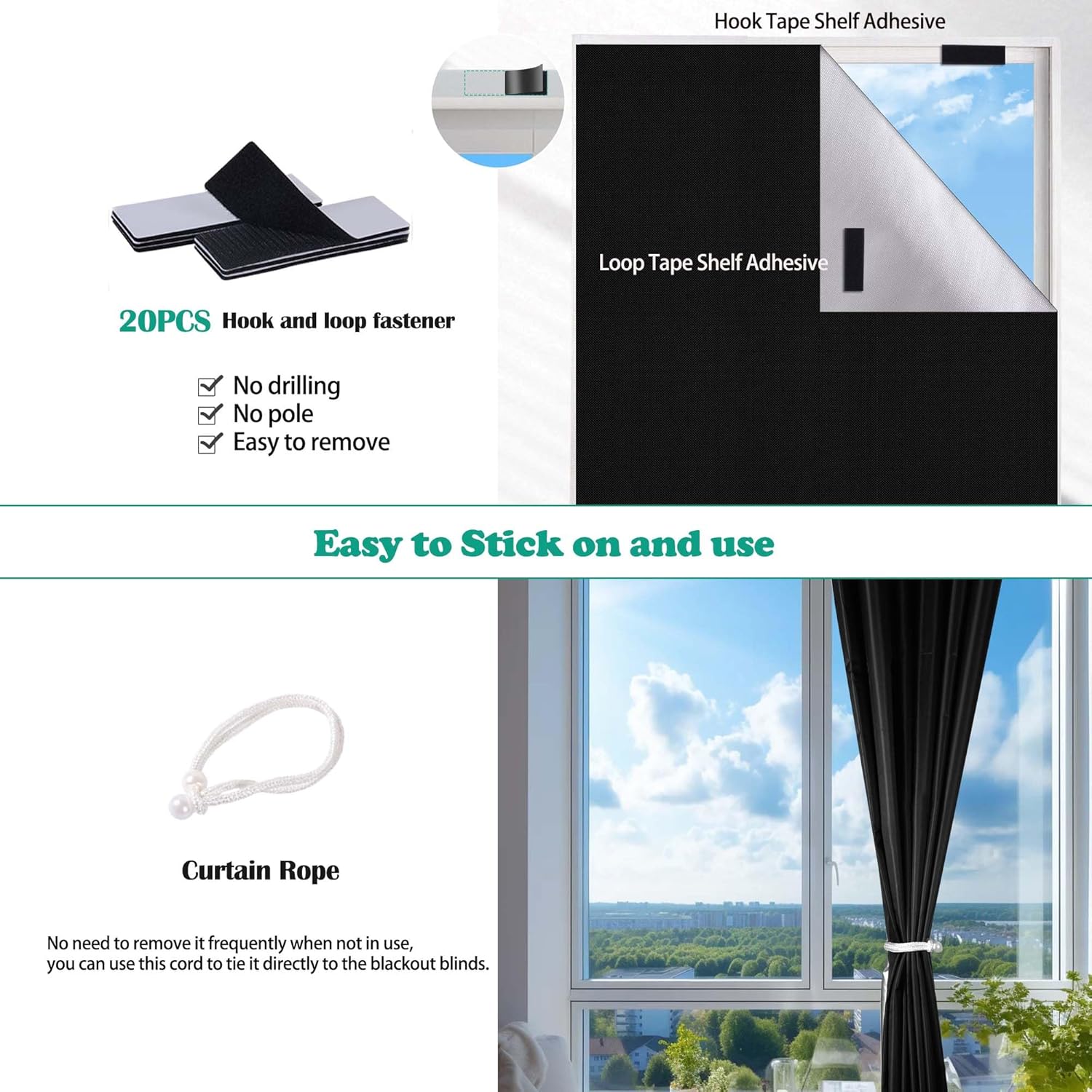 100% Blackout Blind,200 x 145 CM Stick on Blackout Blinds for Windows,No Drill Portable Temporary Fits Any Size Blackout Blinds with 20PCS Hook and Loop Tapes for Bedroom Loft Car Travel