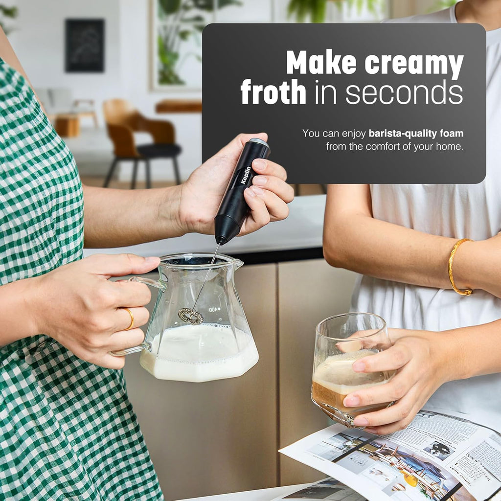 Handheld Milk Frother - Stainless Steel Electric Whisk - Portable Battery-Operated Coffee Frother for Lattes, Matcha, Protein Shakes - Ergonomic, Compact, Easy to Clean (Black)