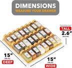Bamboo Spice Drawer Organizer with 24 Spice Jars, 378 White Minimalist Spice Labels, 3 Tier Seasoning Rack Tray Insert for Kitchen Drawers, 15" Wide x 15" Deep x 2.6" Tall
