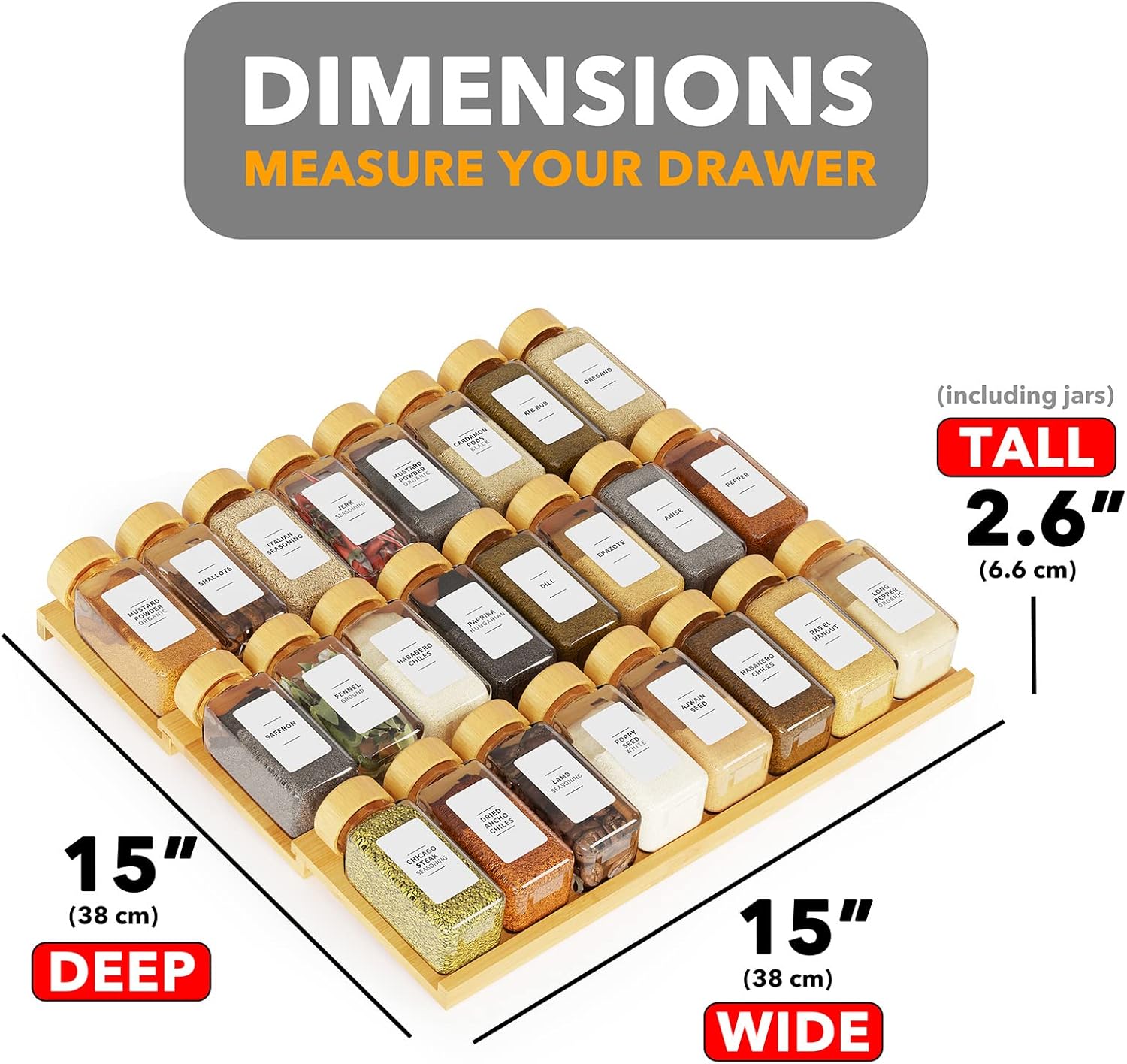 Bamboo Spice Drawer Organizer with 24 Spice Jars, 378 White Minimalist Spice Labels, 3 Tier Seasoning Rack Tray Insert for Kitchen Drawers, 15" Wide x 15" Deep x 2.6" Tall