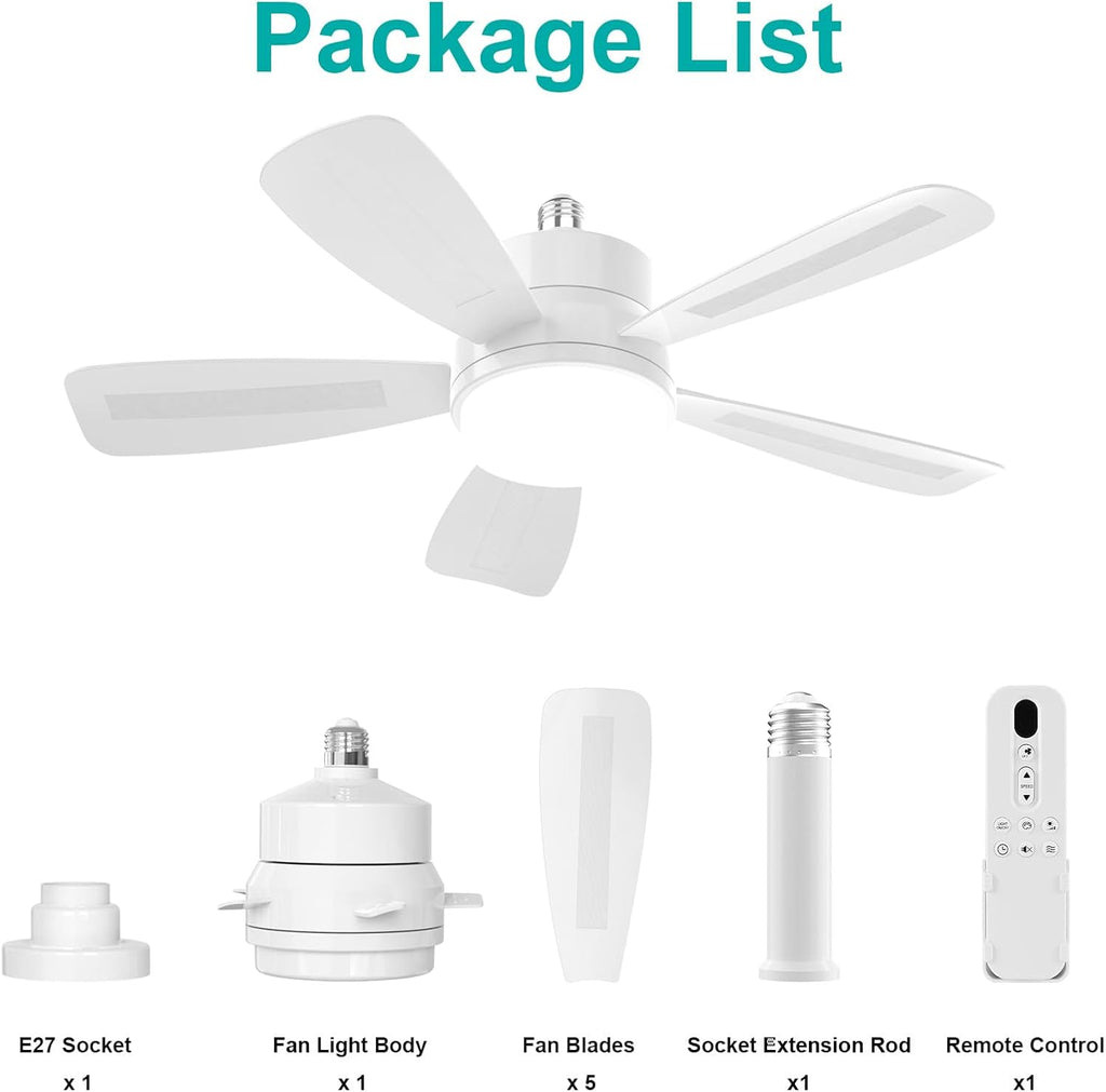 50CM LED Ceiling Fan with Remote, E27 Screw in Light, 6 Speeds, 3 Colours Stepless Dimming 2000 Lumens, Timer for Bedroom, Kitchen, Garage