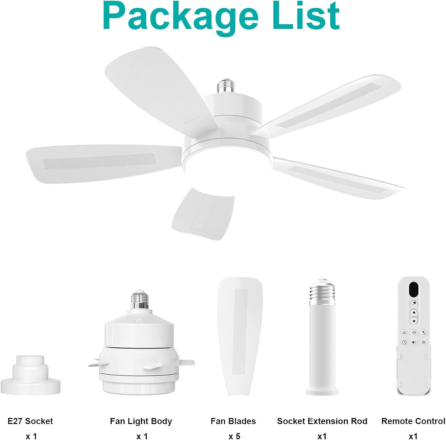 50CM LED Ceiling Fan with Remote, E27 Screw in Light, 6 Speeds, 3 Colours Stepless Dimming 2000 Lumens, Timer for Bedroom, Kitchen, Garage