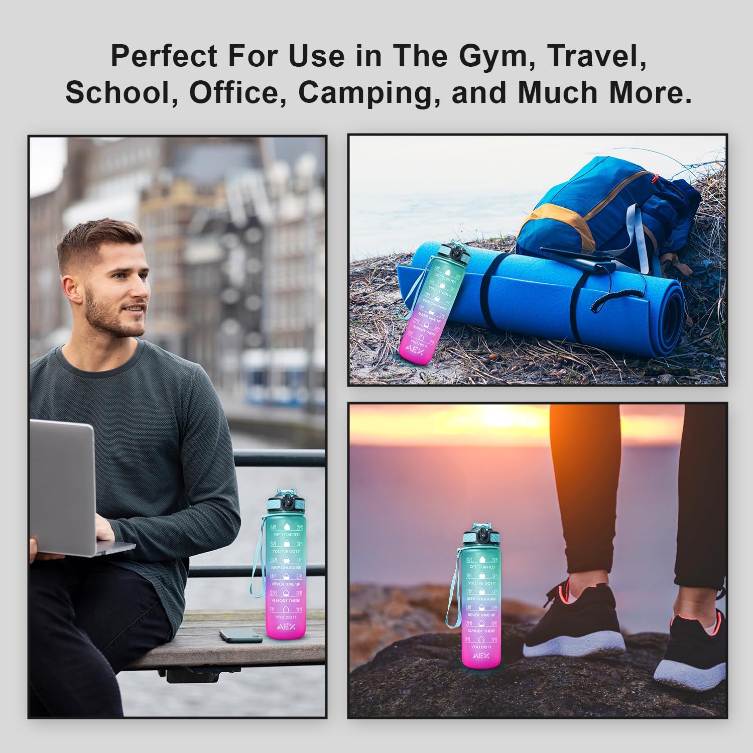 Sports Water Bottle with Straw – 1 Litre Leakproof Plastic Water Bottle for Fitness and On-the-Go - Motivational Time Marker Leak-Proof Tritan BPA-Free (Green-Pink)