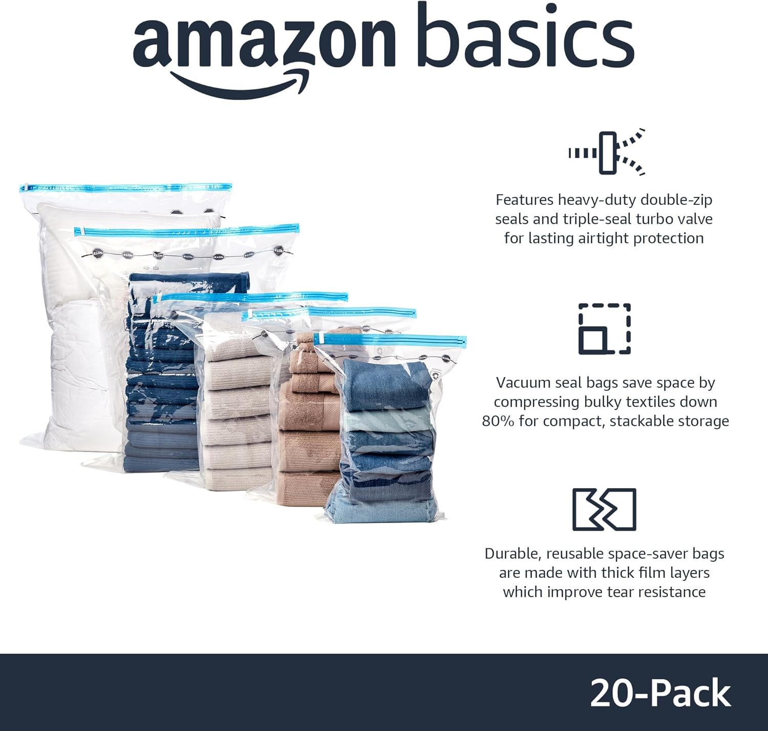 Vacuum Compression Zipper Storage Bags with Hand Pump, 20 Count, 4 Pack of 5 (Small, Medium, Large & Jumbo), Multiple, Clear Secondary image