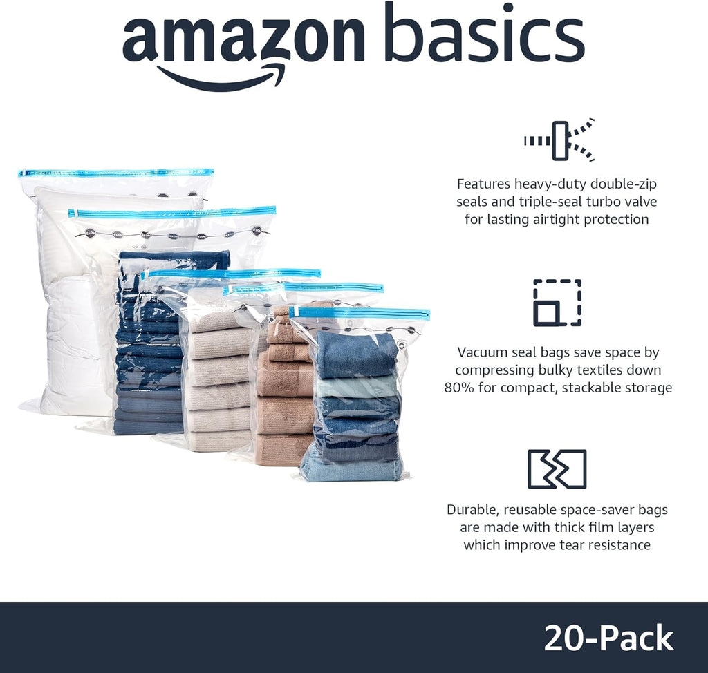 Vacuum Compression Zipper Storage Bags with Hand Pump, 20 Count, 4 Pack of 5 (Small, Medium, Large & Jumbo), Multiple, Clear