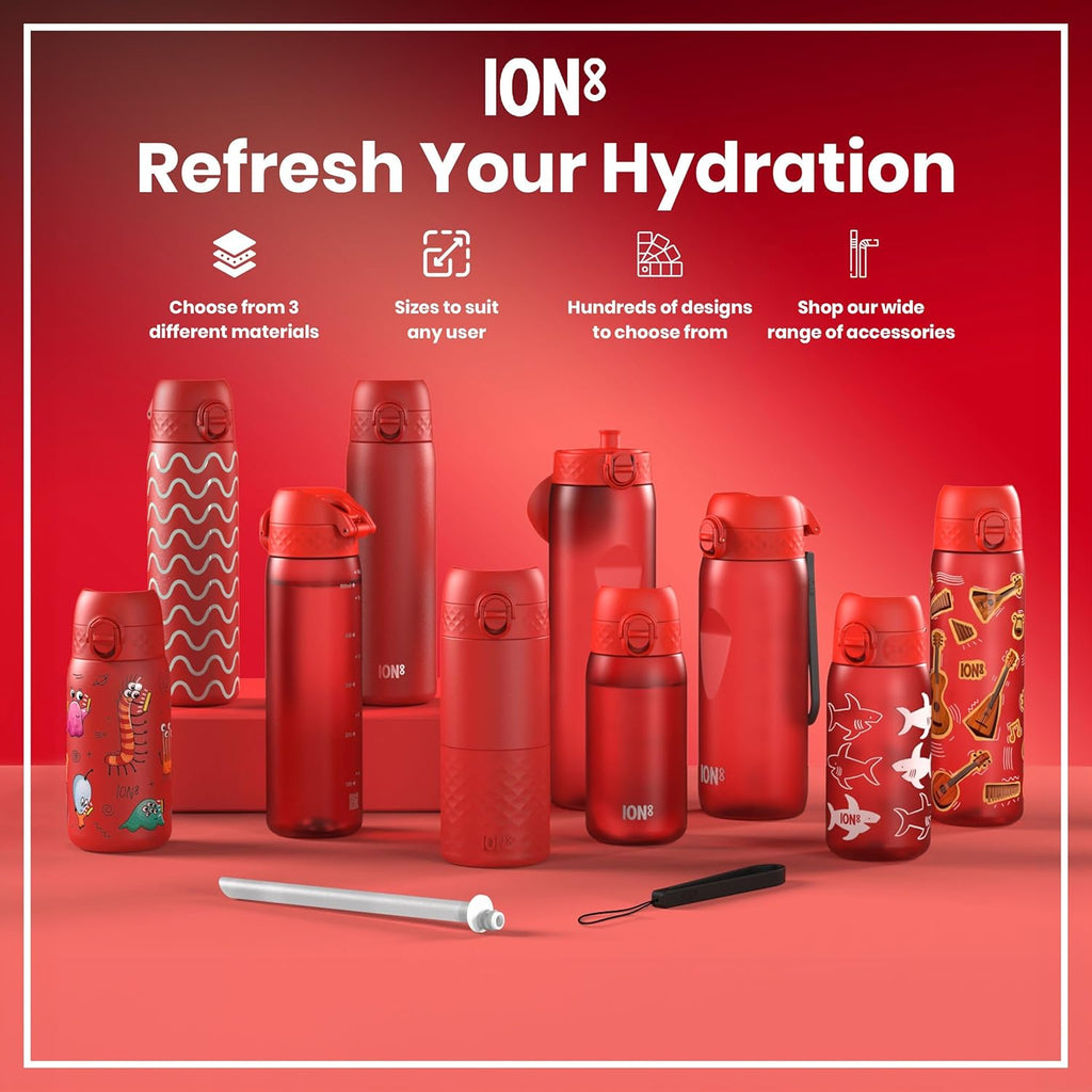 ION8 Vacuum Insulated Steel Water Bottle, 500 ml/17 oz, Leak Proof, Easy to Open, Secure Lock, Dishwasher Safe, Fits Cup Holders, Carry Handle, Scratch Resistant, Metal Water Bottle