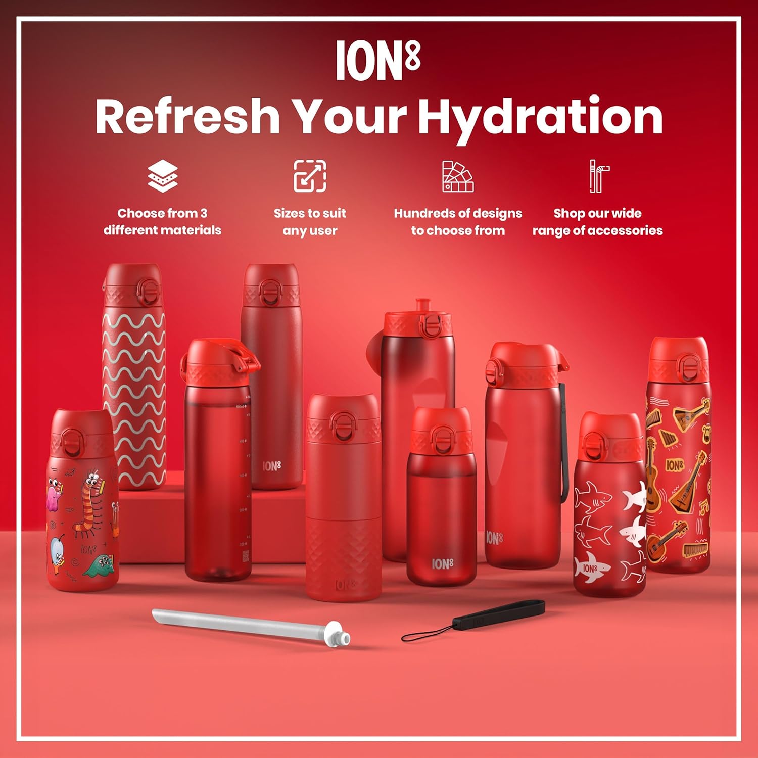 ION8 Vacuum Insulated Steel Water Bottle, 500 ml/17 oz, Leak Proof, Easy to Open, Secure Lock, Dishwasher Safe, Fits Cup Holders, Carry Handle, Scratch Resistant, Metal Water Bottle