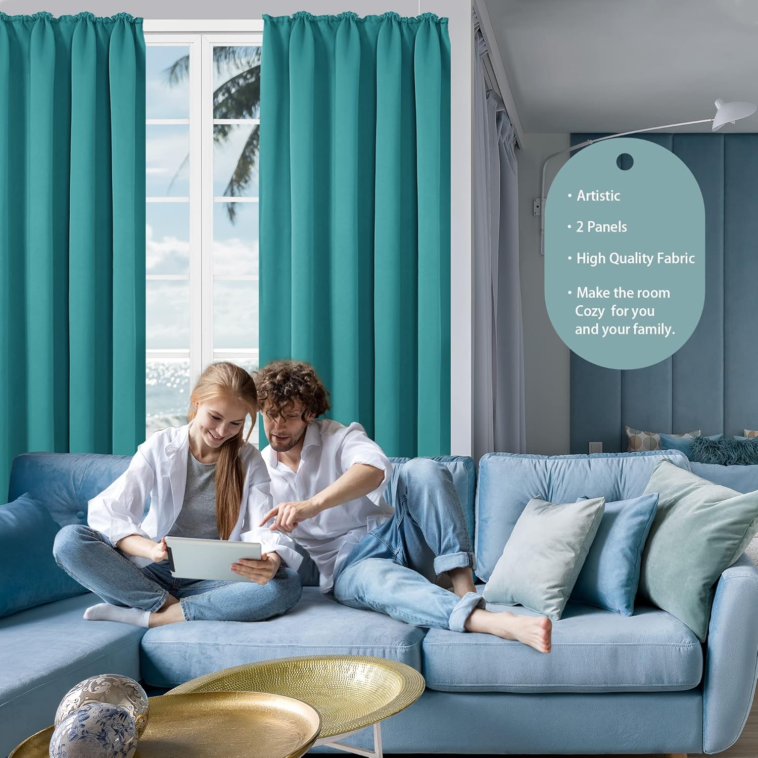 Thermal Insulated Tape Top Curtains, Pencil Pleat Blackout Curtains, 66 x 54 Inch, Turquoise, 2 Panels