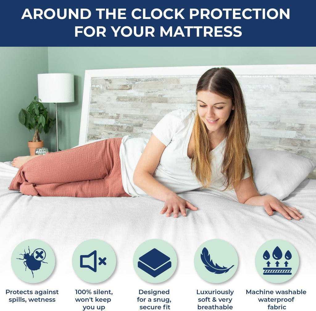 100% Waterproof Mattress Protector King Size Terry Top - Extra Deep 30cm Fitted Skirt - King Size Mattress Protector - Super Absorbent - Machine Washable - King (152x200) cm