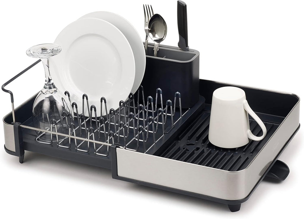 extend steel expandable dish drainer rack with removable cutlery holder swivel draining spout - grey/steel, 4