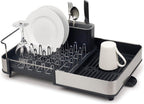 extend steel expandable dish drainer rack with removable cutlery holder swivel draining spout - grey/steel, 4