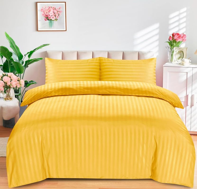 DTEX HOMES Double Duvet Set Brushed Microfiber Satin Stripes Easy Care Duvet Cover with Pillow cases (Mustard-Double)