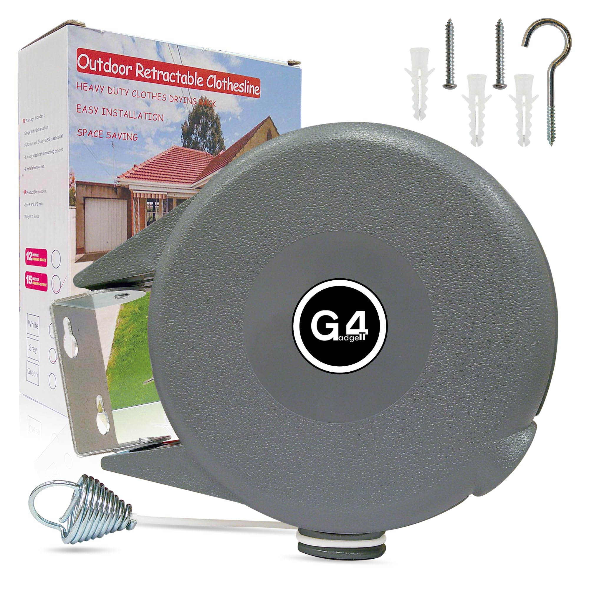 Outdoor Retractable Clothes Line 15m – Heavy Duty Retractable Washing Line with Pins, Space-Saving Wall-Mounted Clothes Dryer for Indoor & Outdoor Use, Grey