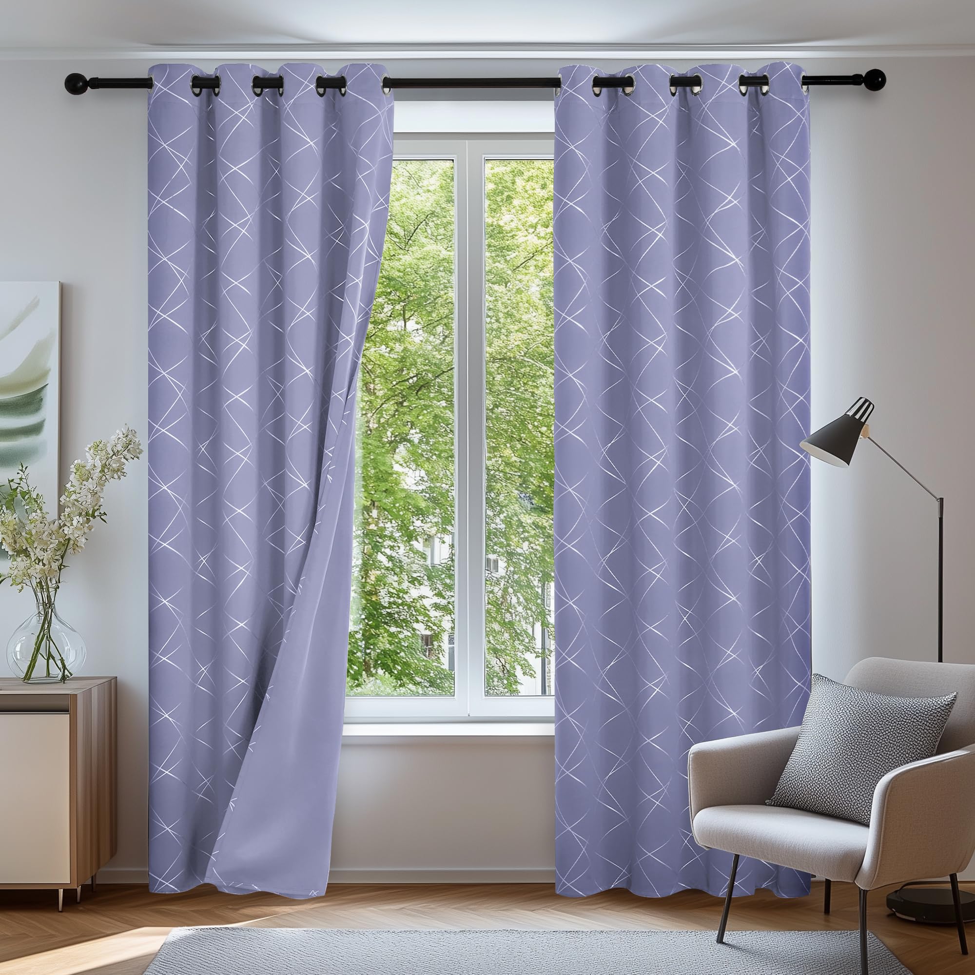 Blackout Curtains – Thermal Insulated, Soundproof, Energy Saving– Silver Geometric Line, 46" x 54", Black,2 Panels Main image