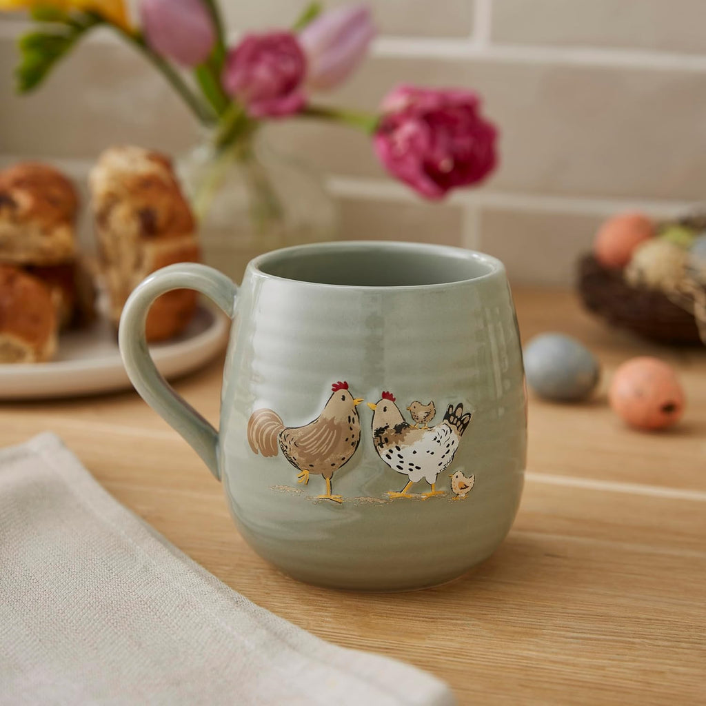 Hen House Lane Sage Belly Mug | Farmhouse Stoneware Coffee Cup | Ribbed & Embossed Hen Design | Rustic Tea Mug for Home & Kitchen | Dishwasher & Microwave Safe | 400ml