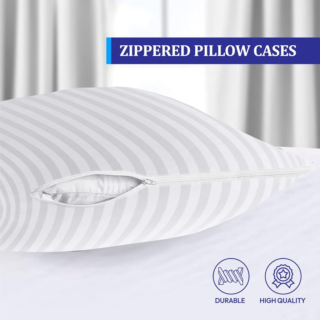Eutony Pillow Protectors 2 Pack Satin Stripes - Ultra Luxe Zipped Pillow Protectors, Soft & Breathable Hypoallergenic 50 x 75cm - White