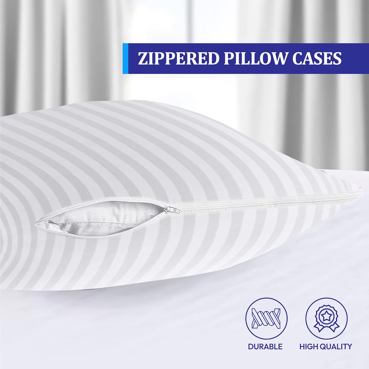 Eutony Pillow Protectors 2 Pack Satin Stripes - Ultra Luxe Zipped Pillow Protectors, Soft & Breathable Hypoallergenic 50 x 75cm - White