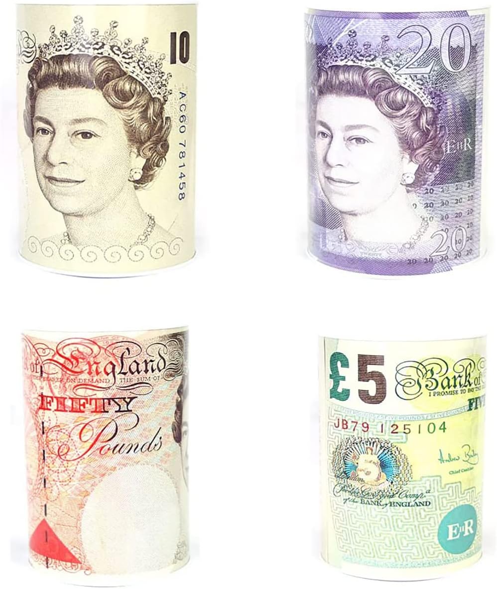 Sterling Money Box Tin - Piggy Bank, Coin, Cash Tin and Savings Tin to Save Birthday Money, Holiday and Christmas Fund - Multi-Colour - One Random Supplied