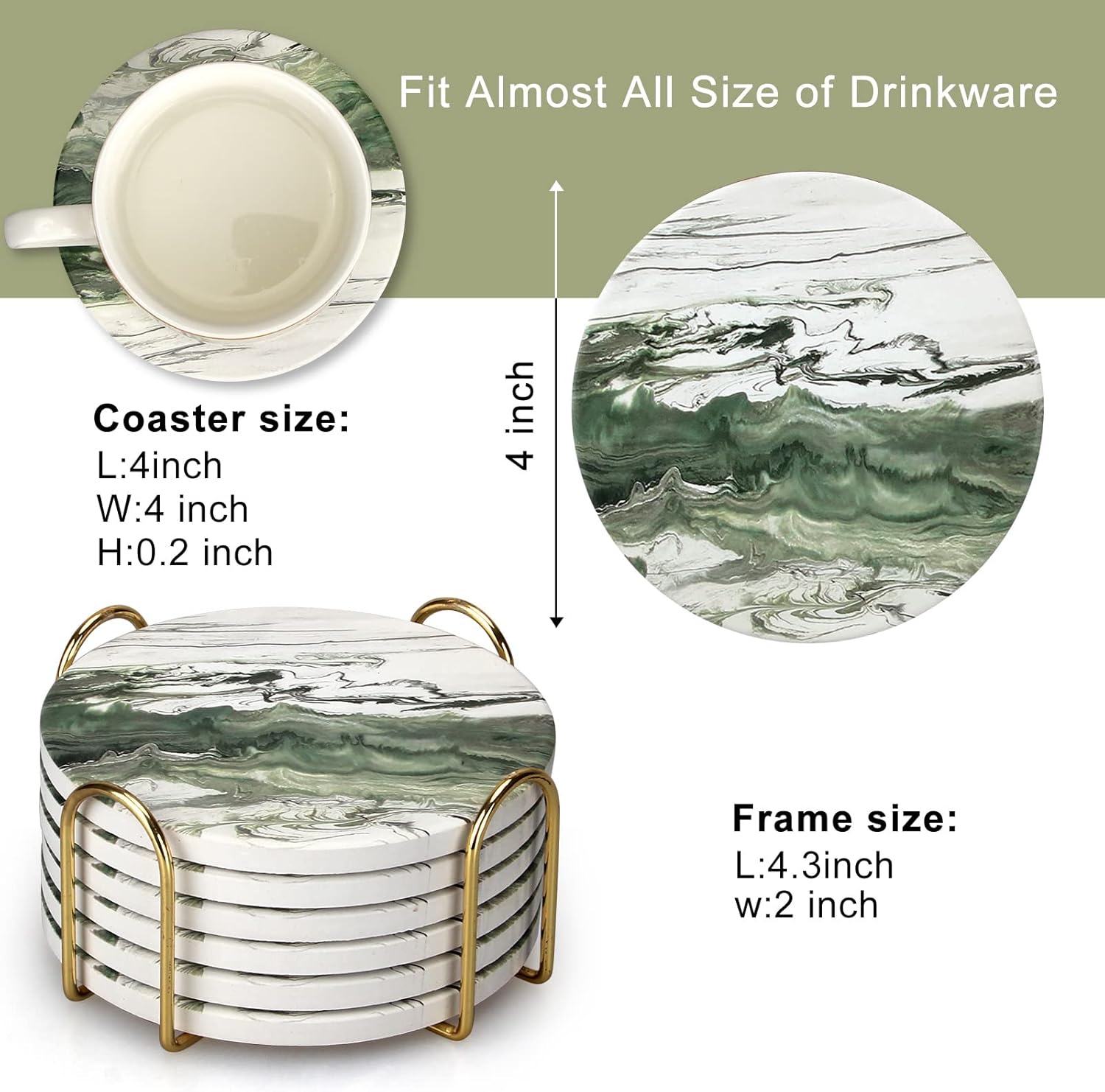 6 Pcs Green Ceramic Coasters with Holder Round Cool Drink Best Modern Absorbent Coaster Set for Coffee Table, Art Decorative Coasters, Bar, Farmhouse, Outdoor Cup Coaster Gifts Secondary image