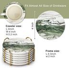 6 Pcs Green Ceramic Coasters with Holder Round Cool Drink Best Modern Absorbent Coaster Set for Coffee Table, Art Decorative Coasters, Bar, Farmhouse, Outdoor Cup Coaster Gifts