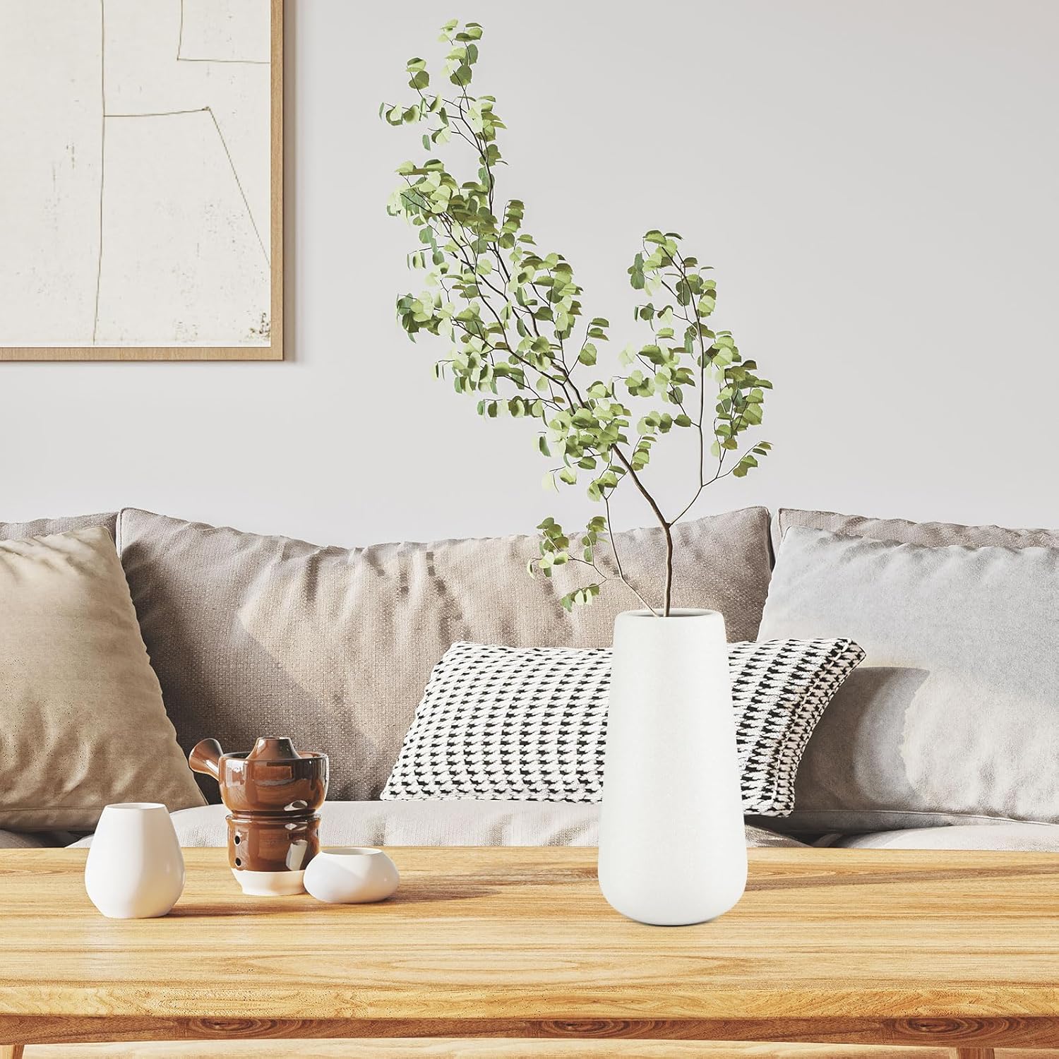 Matte White Ceramic Vase for Minimalist Modern Home Decor - Decorative Classic Flower Vase for Centerpiece, Wedding, Dinner Table, Office, Bedroom - Rustic Style - 20cm
