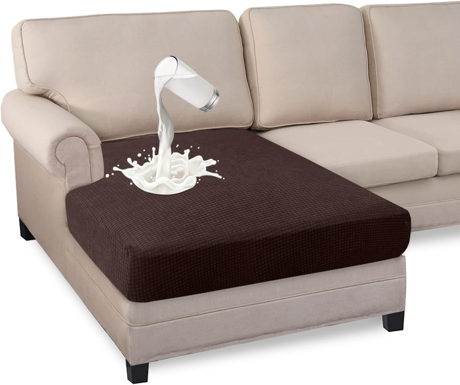 Premium Water-Repellent Sofa Seat Cushion Covers High Stretch Jacquard Fabric Couch Seat Slipcover Protector for Chaise sofa (Chaise, Chocolate) Main image