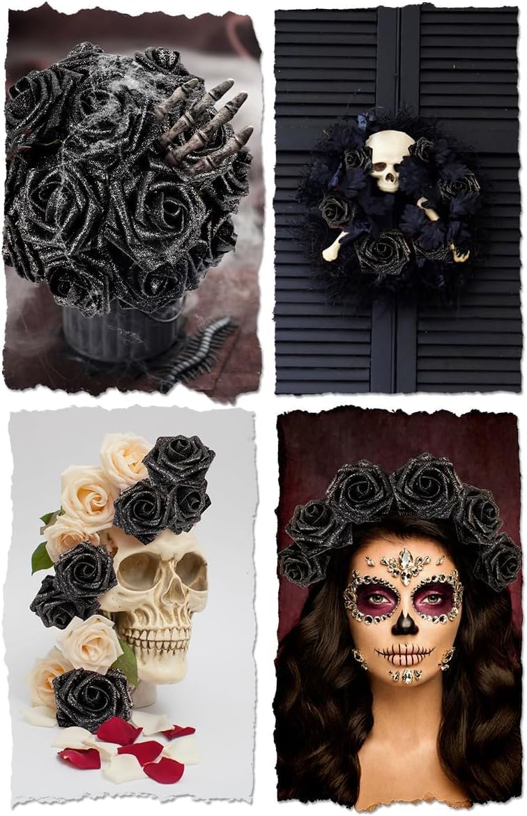 Artificial Flowers Glitter Rose, 25pcs Fake Roses Flowers with Stems Real Touch Faux foam Roses for Wedding Bouquets Party Home Halloween Christmas Decoration(Black)