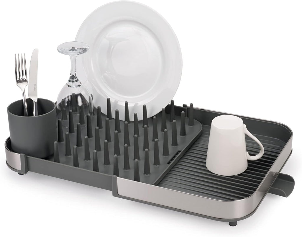 Duo Expanding Dish Drainer Rack with Removable Cutlery Holder, Draining Spout, Stainless-steel/Grey
