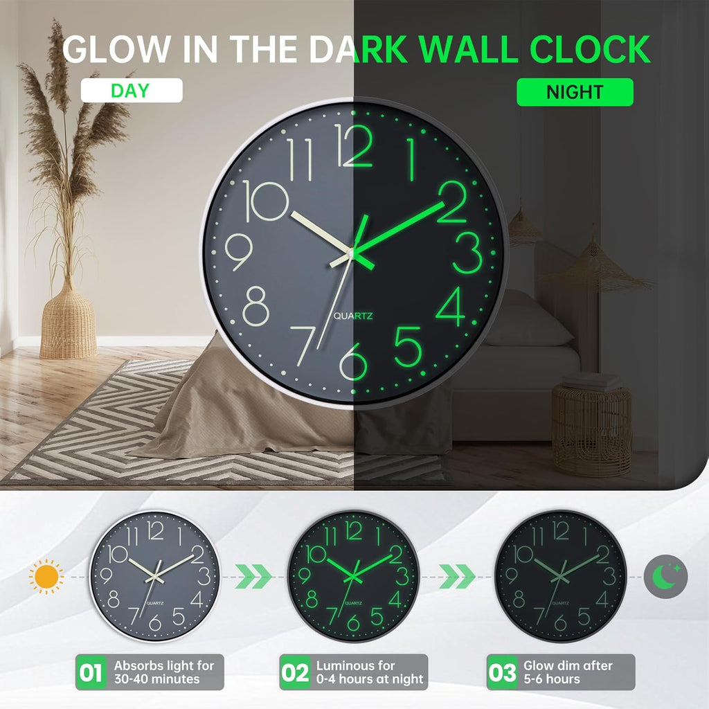 Luminous Wall Clock Bedroom Clock Non Ticking Silent Wall Clock Modern for Living Room Kitchen Office Bathroom Battery Operated Grey Glow in the Dark