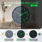 Luminous Wall Clock Bedroom Clock Non Ticking Silent Wall Clock Modern for Living Room Kitchen Office Bathroom Battery Operated Grey Glow in the Dark