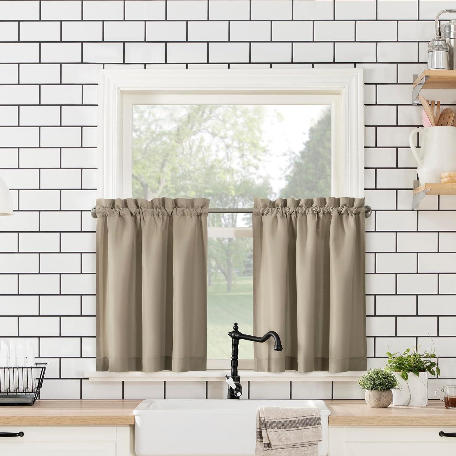 No. 918 Martine Microfiber Semi-Sheer Rod Pocket Kitchen Curtain Valance and Tiers Set, 54" x 36", Taupe