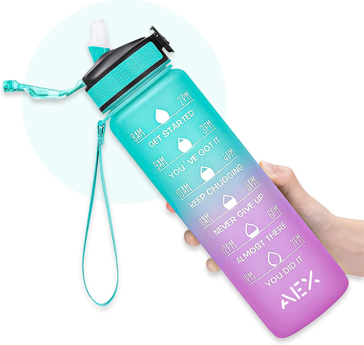 Sports Water Bottle with Straw – 1 Litre Leakproof Plastic Water Bottle for Fitness and On-the-Go - Motivational Time Marker Leak-Proof Tritan BPA-Free (Green-Pink)